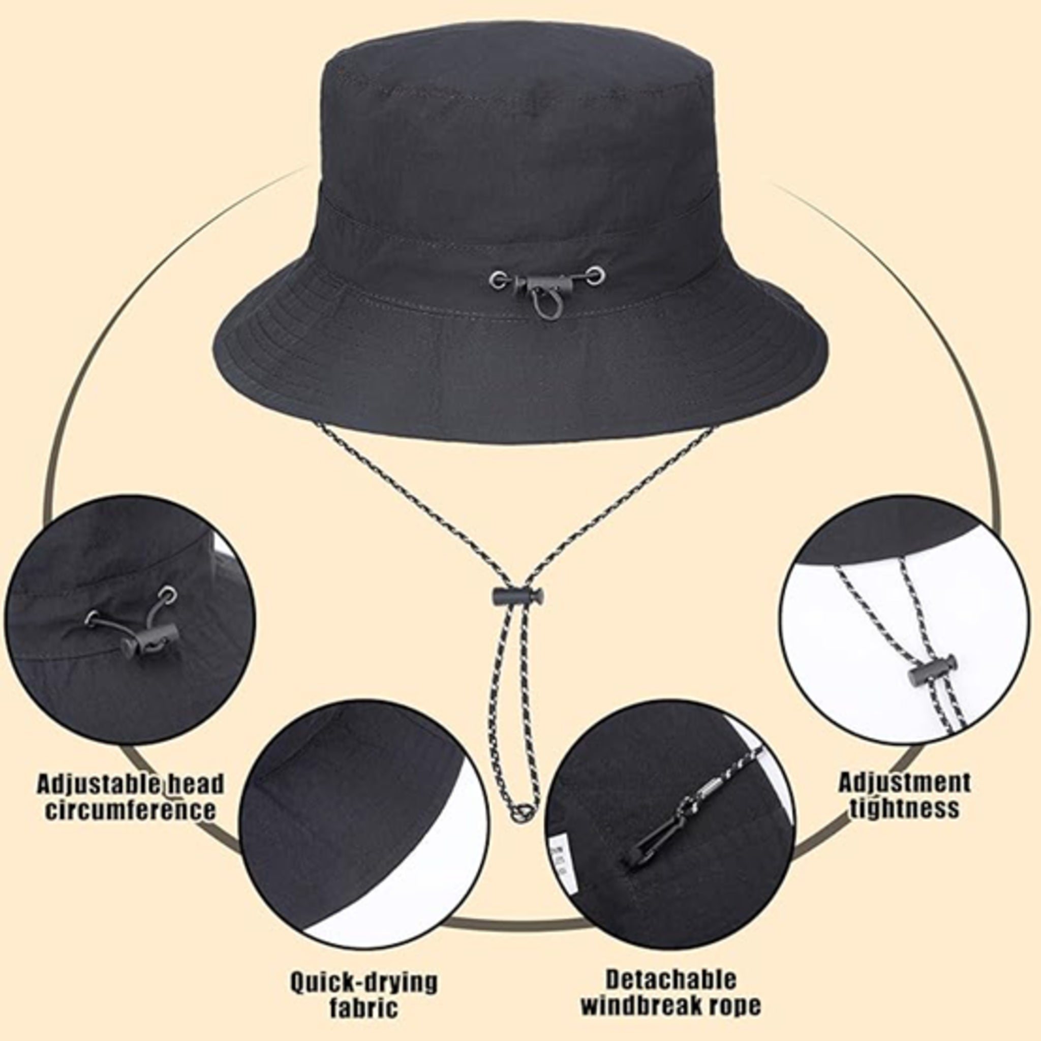 Unisex foldable bucket hat with chin strap – wide brim sun hat for outdoor hiking, fishing, camping – packable design